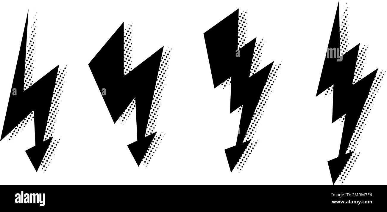 Comic lightning bolt set. Black grunge thunderbolt collection. Halftone texture flash symbols. lightning strike signs. Vector Stock Vector