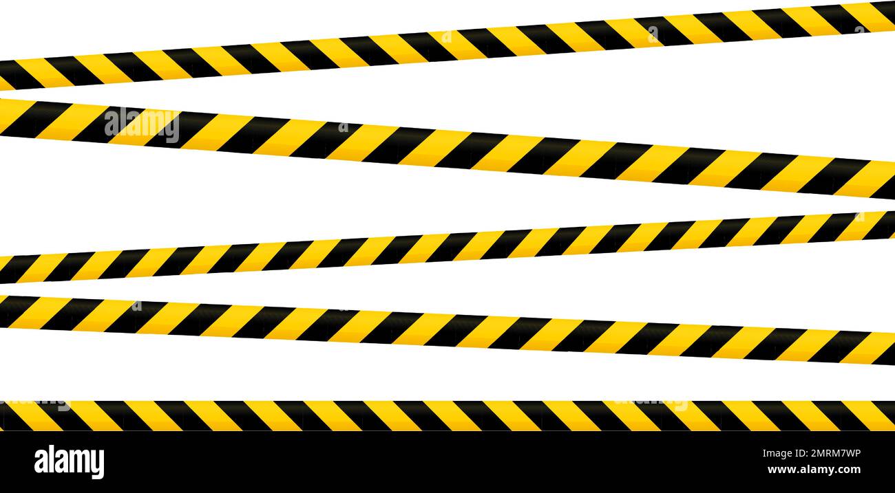 Crossed caution tape set. Yellow and black warning stripes. Repeating construction, hazard, danger sellotapes. Restriction and prohibition zones Stock Vector