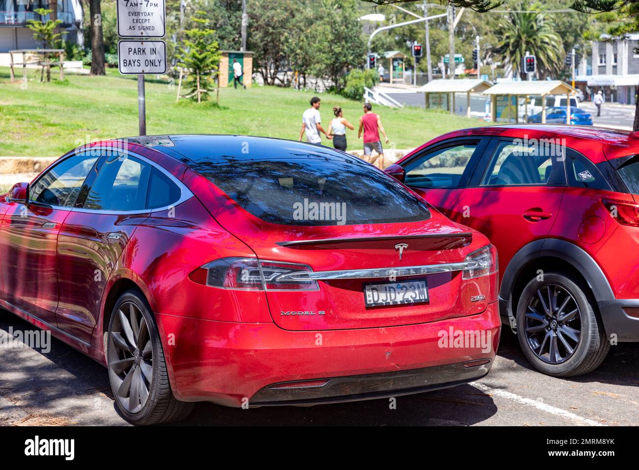 Tesla Model S car, 2016 year model, parked at a Sydney beach car park, electric vehicle EV, Sydney,NSW,Australia Stock Photo
