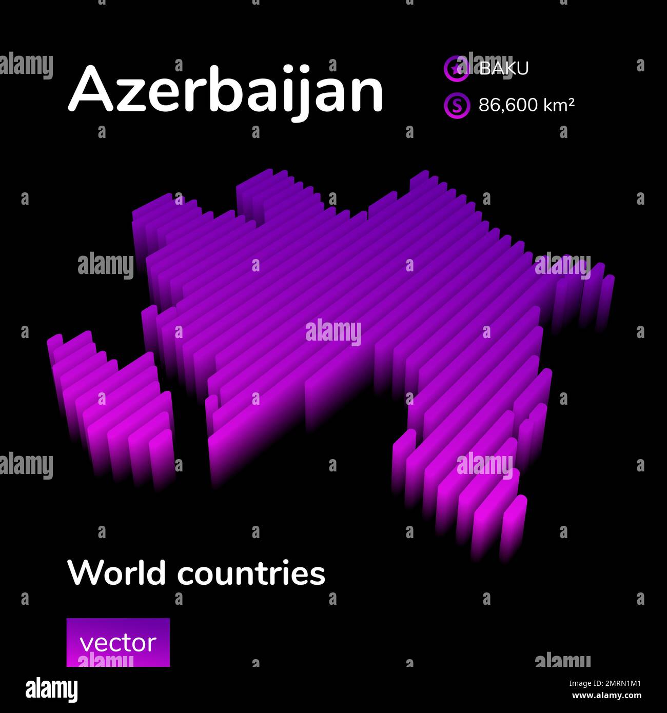 Azerbaijan 3D map. Stylized neon digital isometric striped vector map of Azerbaijan is in violet and pink colors on black background Stock Vector