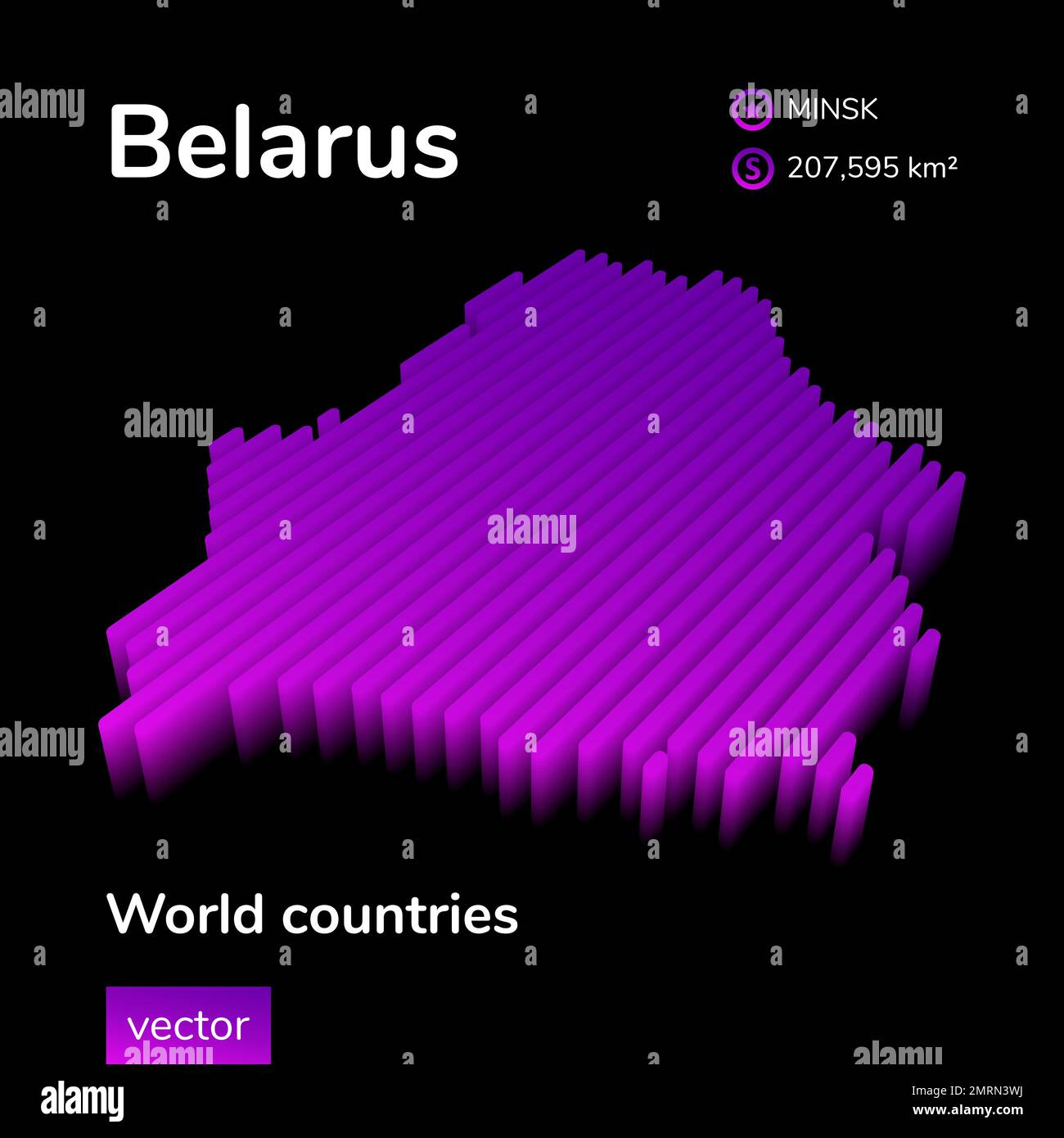 Belarus 3D map. Stylized neon digital isometric striped vector Map in violet, pink colors on the black background. Stock Vector