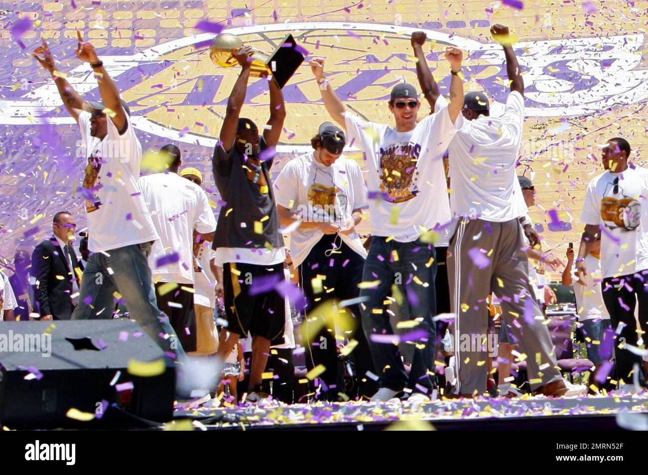 The Los Angeles Lakers celebrate their NBA Championship with a parade across downtown Los Angeles and ending at the Los Angeles Memorial Coliseum in front of 95,000 fans. Los Angeles, CA. 06/17/2009. . Stock Photo