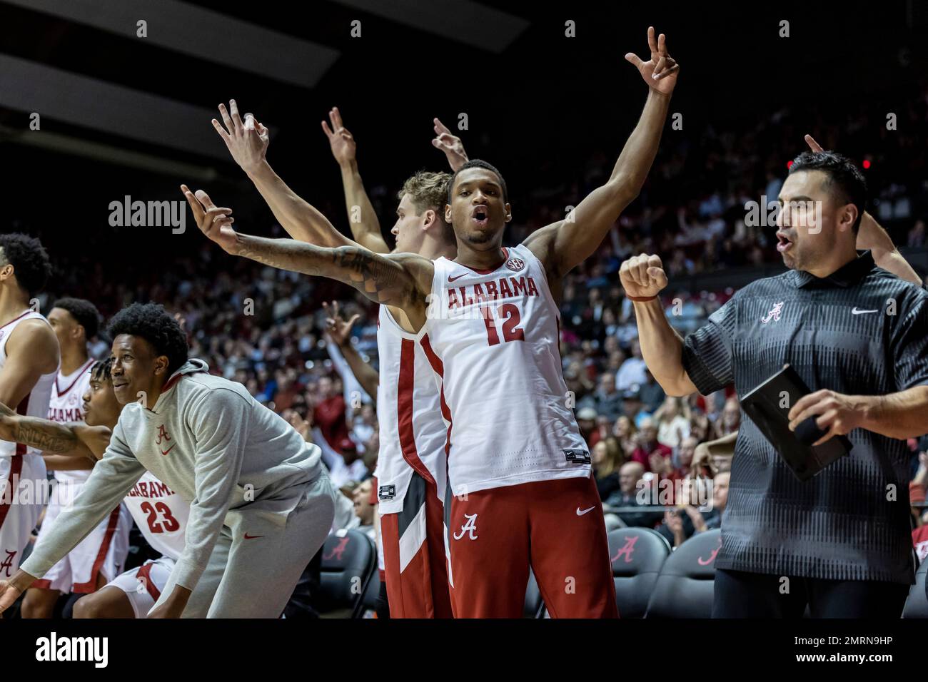 Alabama guard Delaney Heard (12) cheers a dunk by Alabama forward