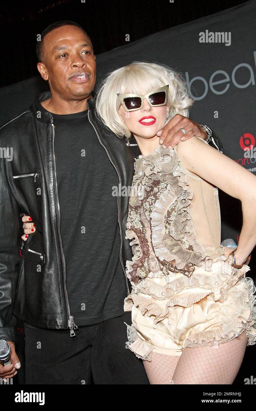 Dr. Dre and Lady Gaga attend the Heartbeats by Lady Gaga headphones unveiling at GILT at The New York Palace Hotel in New York, NY. 9/30/09. Stock Photo