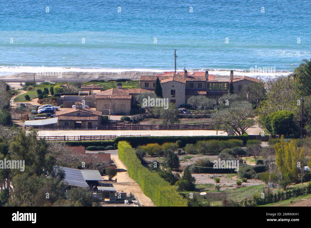 General views of Lady Gaga's Malibu home. The five bedroom, twelve bathroom Mediterranean-style villa is worth $23 million and boasts a saltwater swimming pool with spa, a luxury stable and dressage ring, and a two lane Brunswick bowling alley. The 10,270 square feet home also contains a safe room above the main floor. Stock Photo