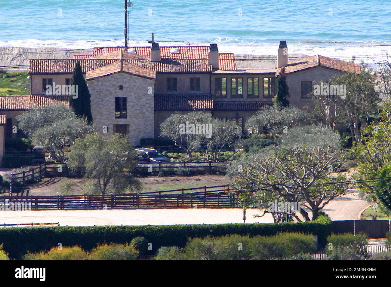 General views of Lady Gaga's Malibu home. The five bedroom, twelve bathroom Mediterranean-style villa is worth $23 million and boasts a saltwater swimming pool with spa, a luxury stable and dressage ring, and a two lane Brunswick bowling alley. The 10,270 square feet home also contains a safe room above the main floor. Stock Photo