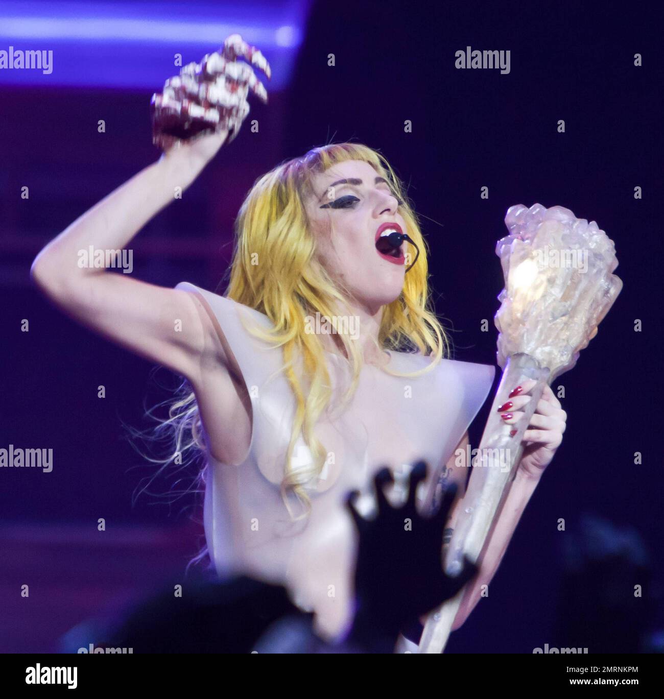 Lady Gaga performs live at MGM Grand Hotel with Scissor Sisters. In her  clear angular plastic dress Lady Gaga, who smiled big smiles, danced around  stage with her novelty staff and flashed