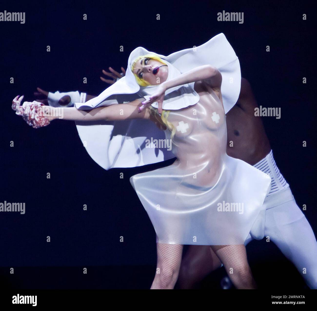 Lady Gaga performs live at MGM Grand Hotel with Scissor Sisters. In her clear angular plastic dress Lady Gaga, who smiled big smiles, danced around stage with her novelty staff and flashed Lady Gaga performs live at MGM Grand Hotel with Scissor Sisters. In her clear angular plastic dress Lady Gaga, who smiled big smiles, danced around stage with her novelty staff and flashed