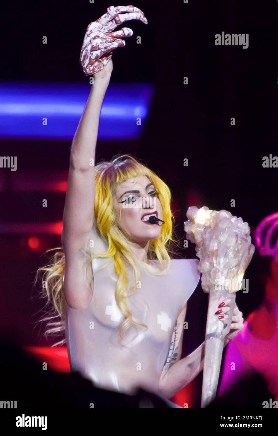 Lady Gaga performs live at MGM Grand Hotel with Scissor Sisters. In her clear angular plastic dress Lady Gaga, who smiled big smiles, danced around stage with her novelty staff and flashed Lady Gaga performs live at MGM Grand Hotel with Scissor Sisters. In her clear angular plastic dress Lady Gaga, who smiled big smiles, danced around stage with her novelty staff and flashed