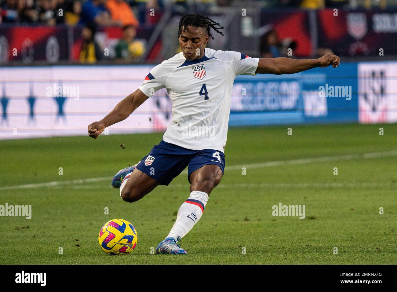 United States of America defender DeJuan Jones (4) sends a pass during an international friendly match against the Colombia, Saturday, January 28, 202 Stock Photo