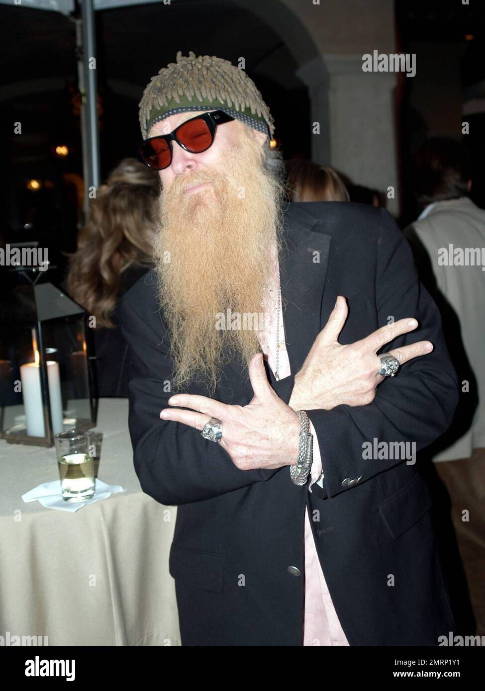 ZZ Top's Billy Gibbons attends a pre-party hosted by Lance Armstrong in his West Austin home prior to the Texas Film Hall of Fame Awards. Austin, TX. 3/8/08. Stock Photo