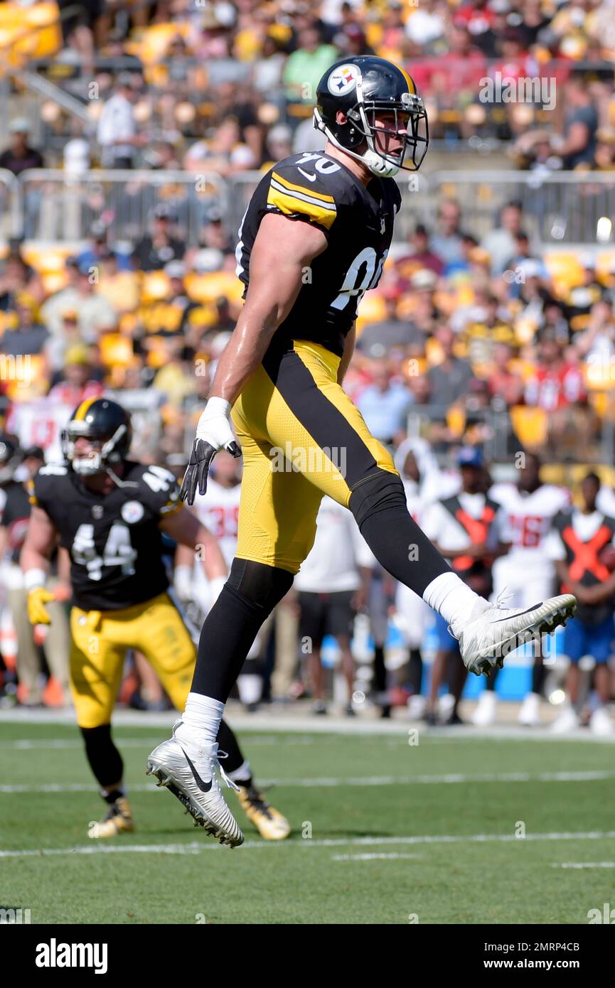 FILE--In this Aug. 20, 2017, file photo, Pittsburgh Steelers linebacker  T.J. Watt (90) leaps to defend during an NFL preseason football game  against the Atlanta Falcons in Pittsburgh. Watt has spent his