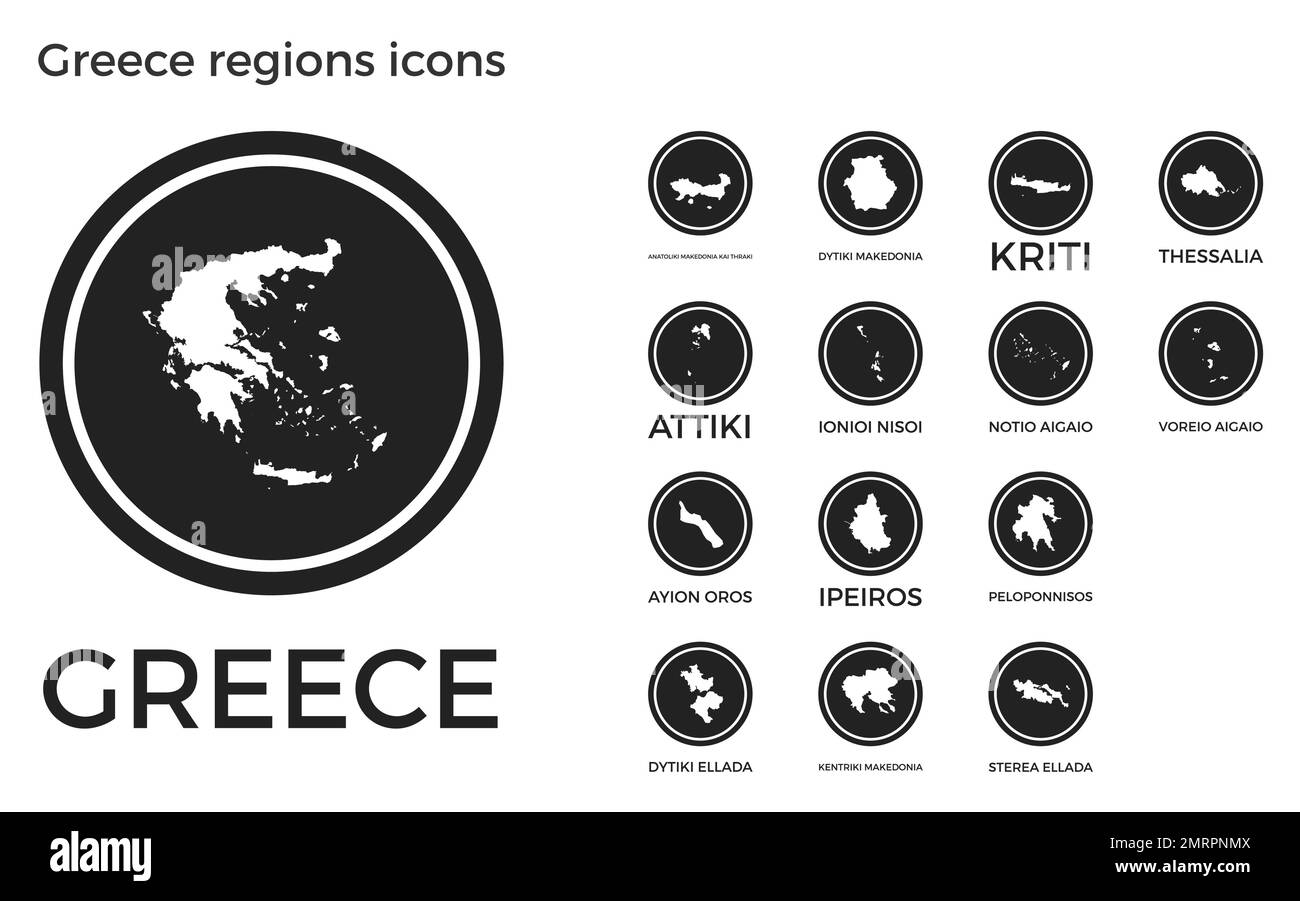 Greece regions icons. Black round logos with country regions maps and titles. Vector illustration. Stock Vector