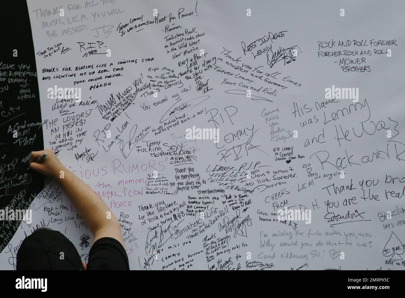 Fans turned out to honor Lemmy Kilmister of Motorhead during his memorial service at the Rainbow Bar and Grill on the Sunset Strip. Los Angeles, CA. 9th January 2016. Stock Photo