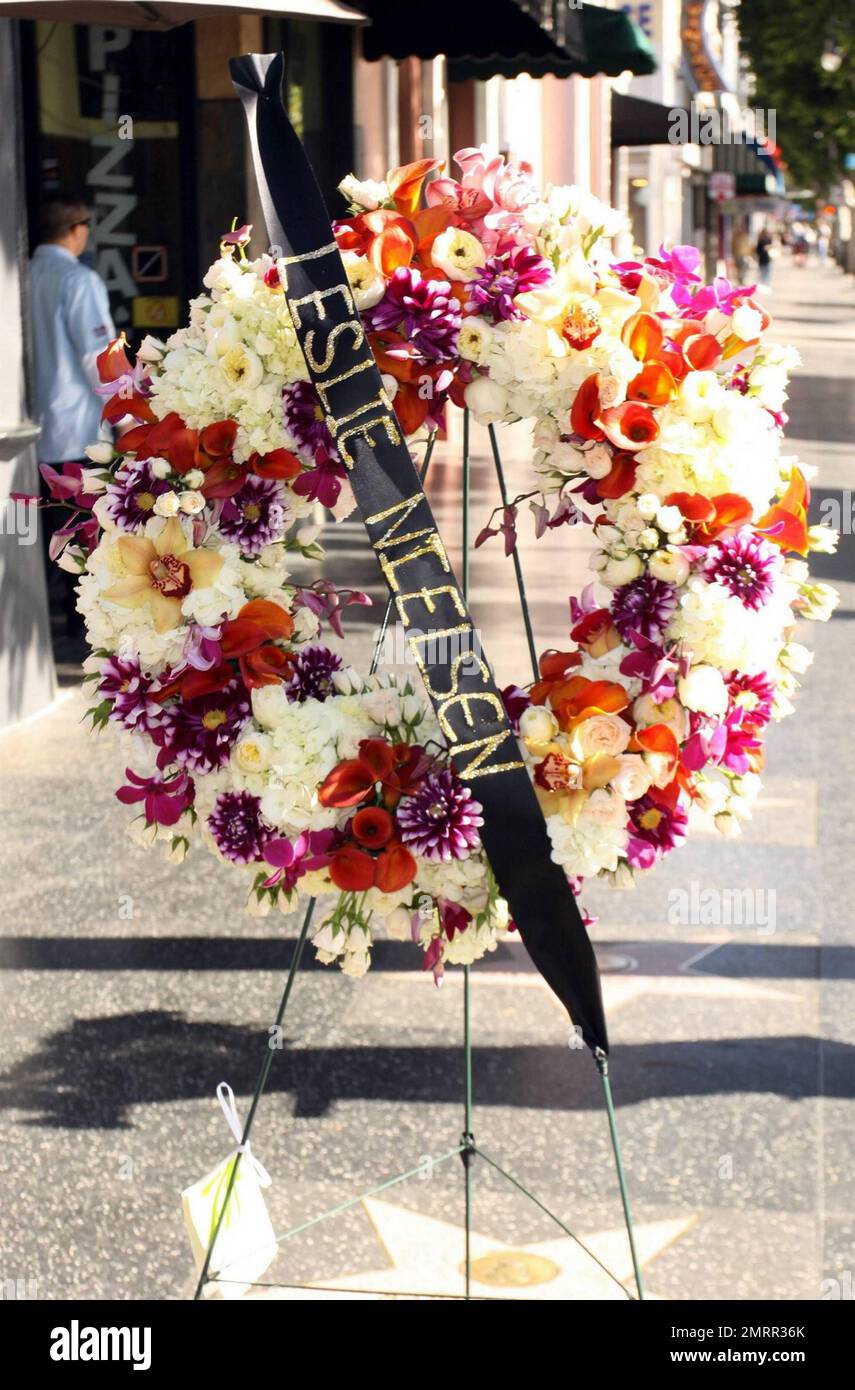 A wreath of flowers are placed over late actor Leslie Nielsen's star on the Hollywood Walk of Fame.  The Canadian actor passed away at the age of 84 at hospital near his home in Fort Lauderdale where he was being treated for nearly two weeks after suffering from pneumonia. Los Angeles, CA. 11/29/10. Stock Photo