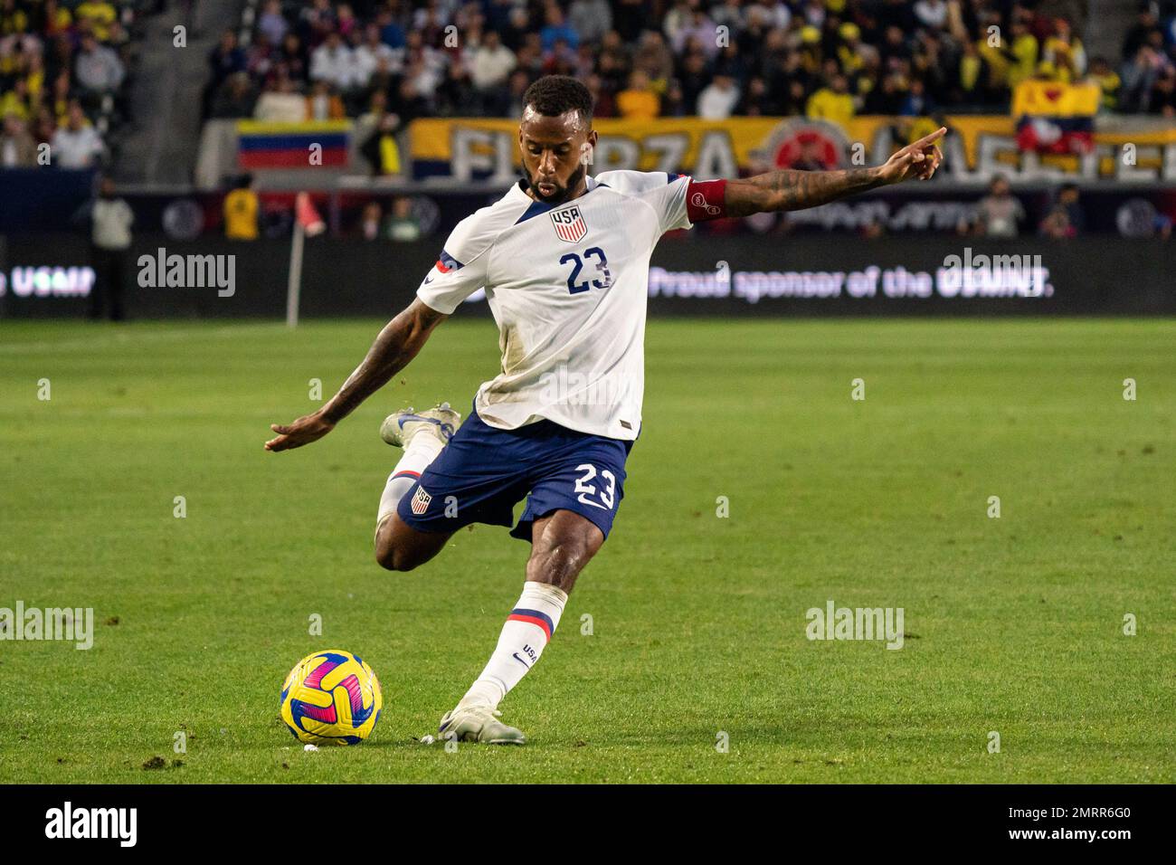 United States of America midfielder Kellyn Acosta (23) takes a free kick during an international friendly match against the Colombia, Saturday, Januar Stock Photo
