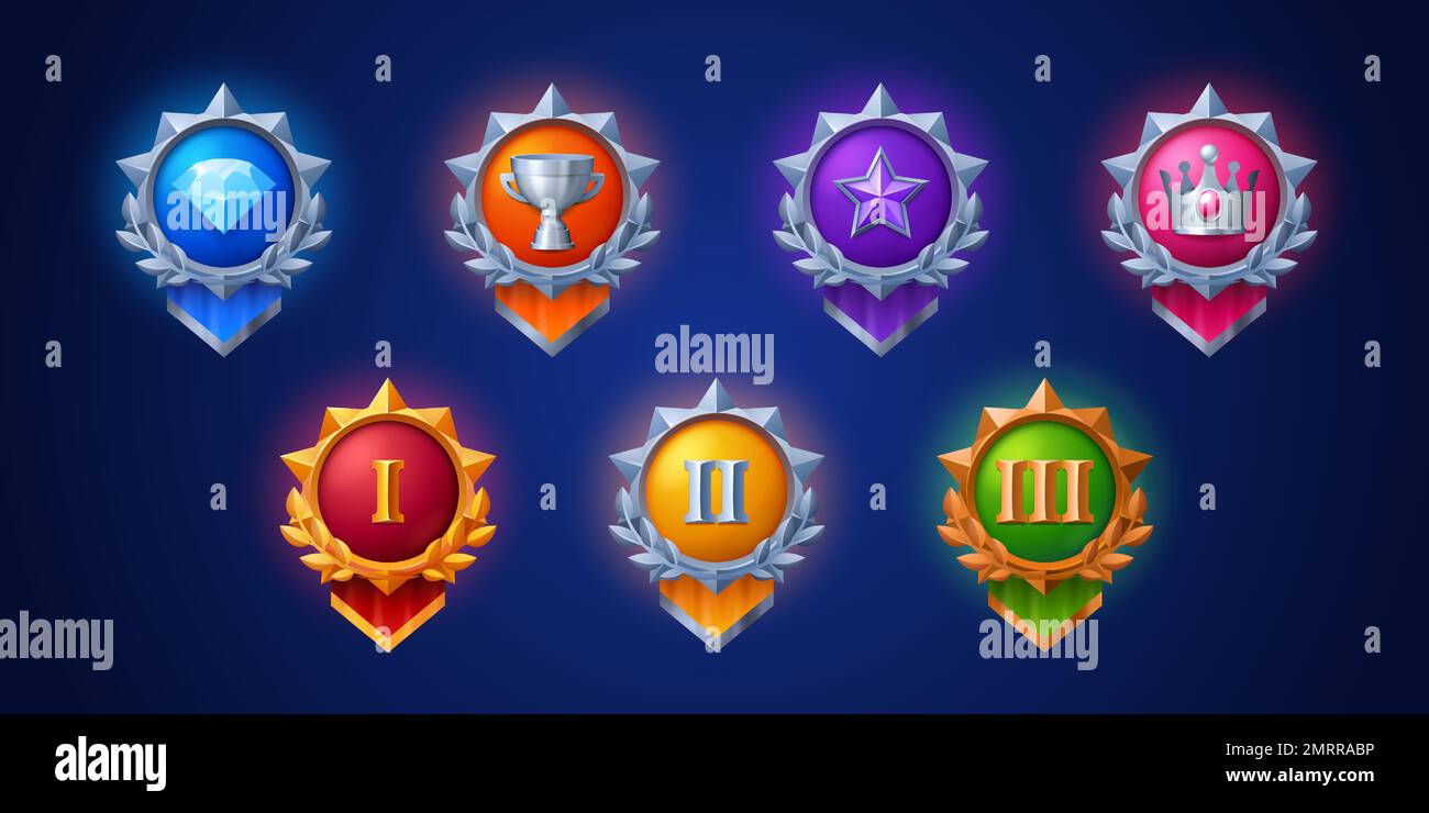 UI game icons of medals and award badges with symbols of star, crown