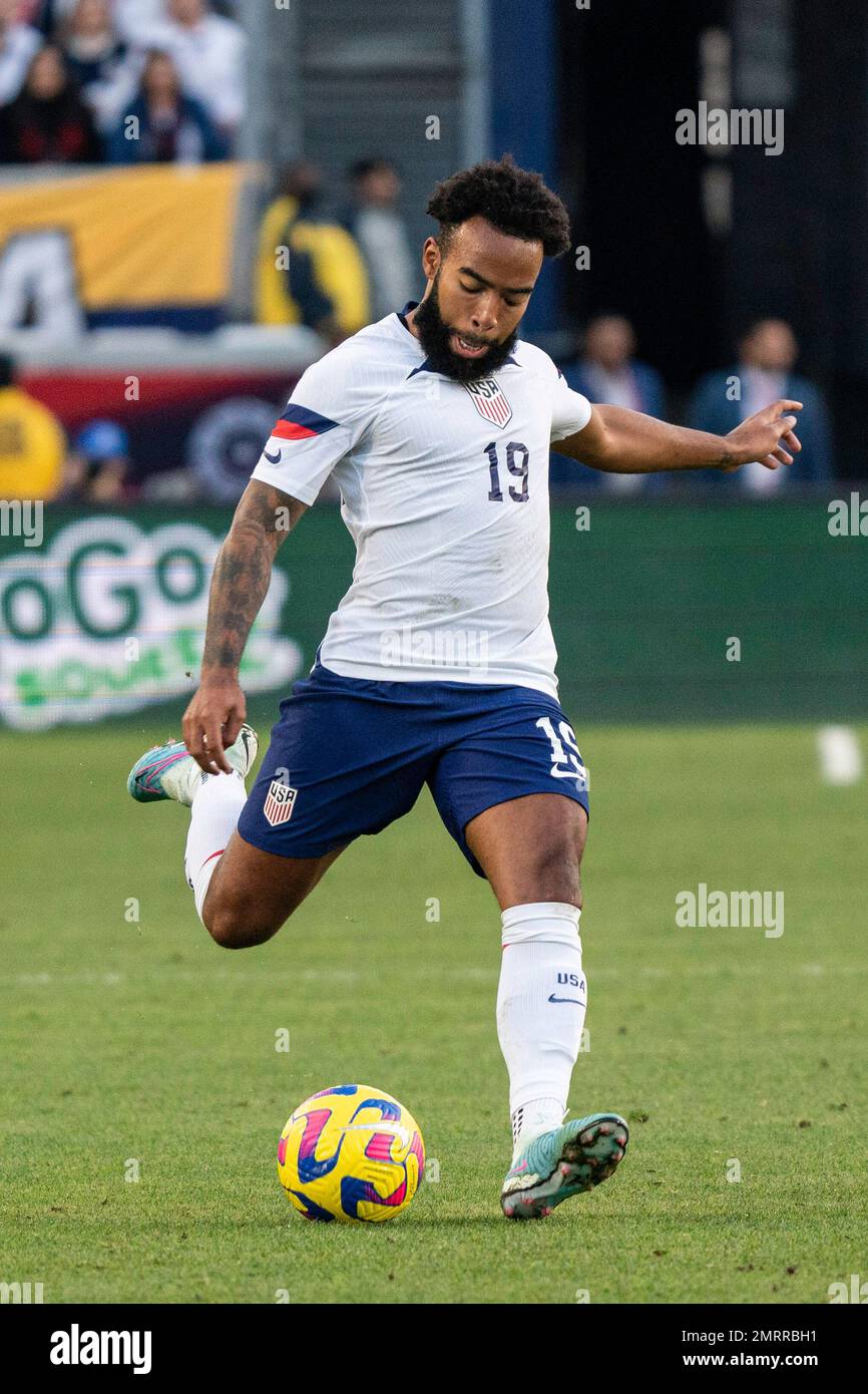 United States of America midfielder Eryk Willamson (19) sends a pass during an international friendly match against the Colombia, Saturday, January 28 Stock Photo