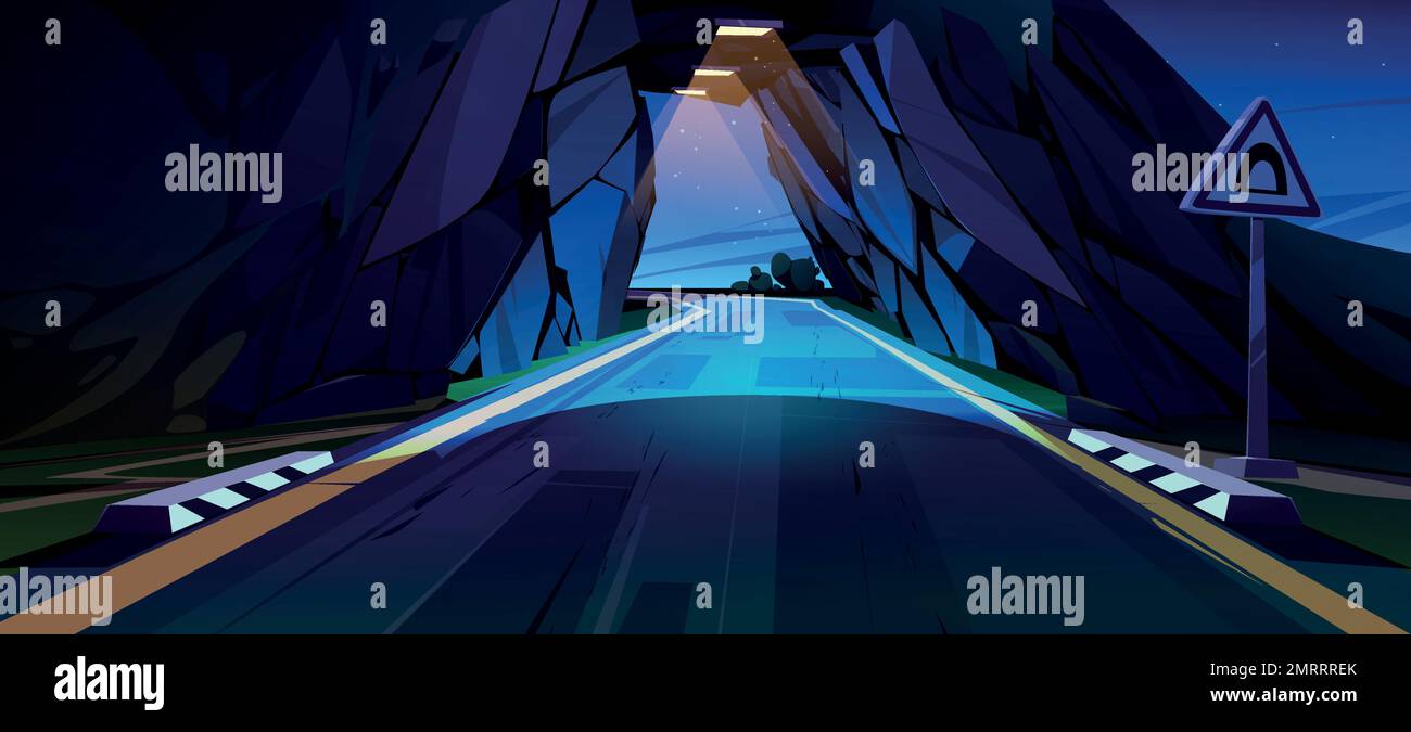 Car road tunnel, underground highway in mountain at night. Country