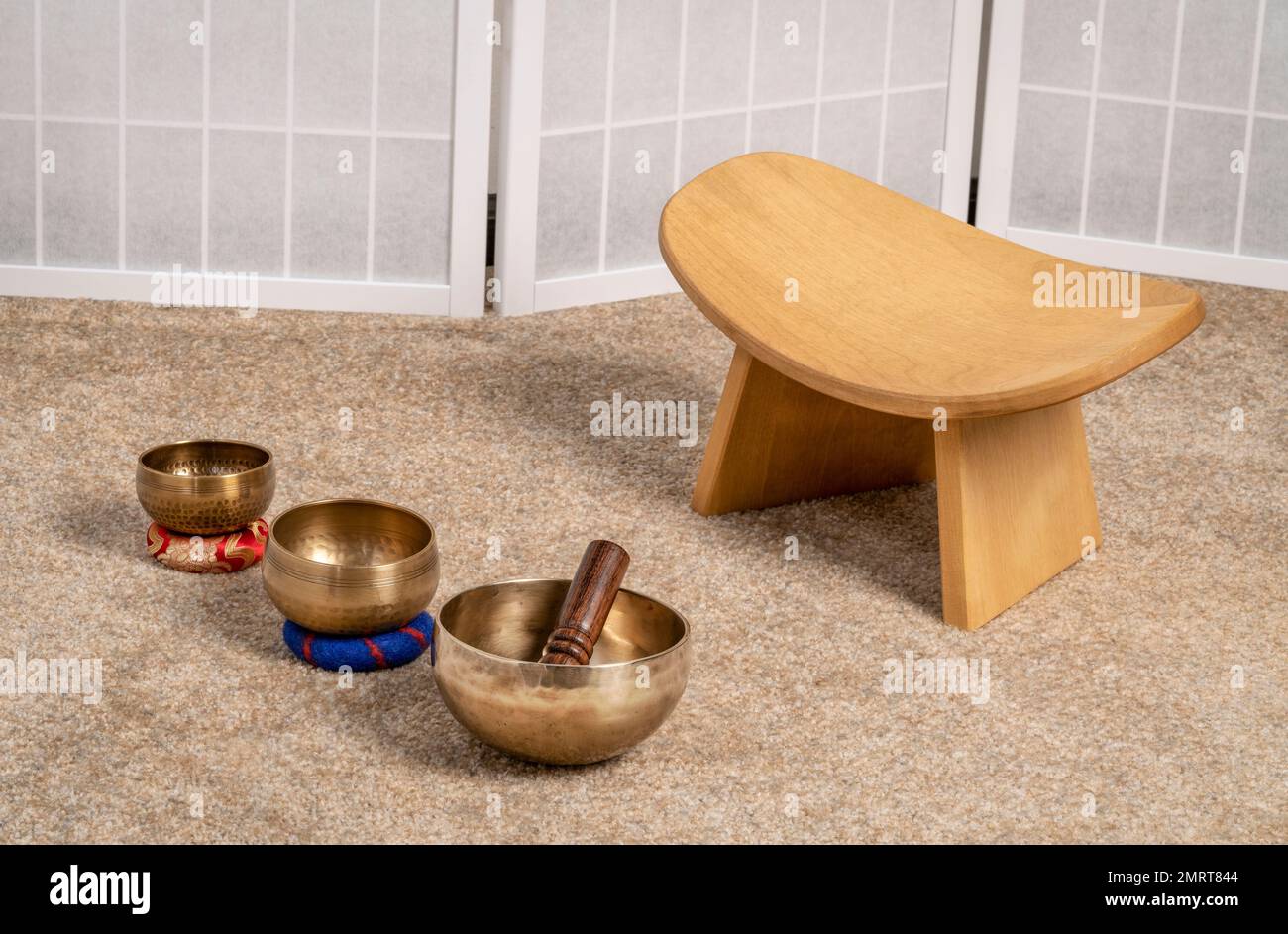 Tibetan singing bowls and meditation, kneeling bench to sit in a