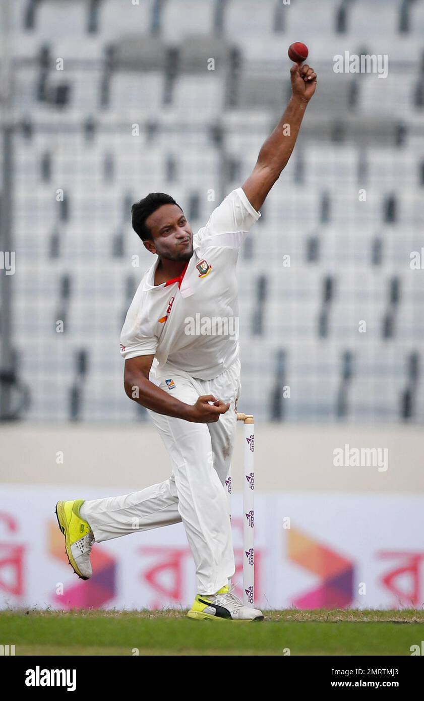 Bangladesh's Sakib Al Hasan bowls against Australia during the second ...