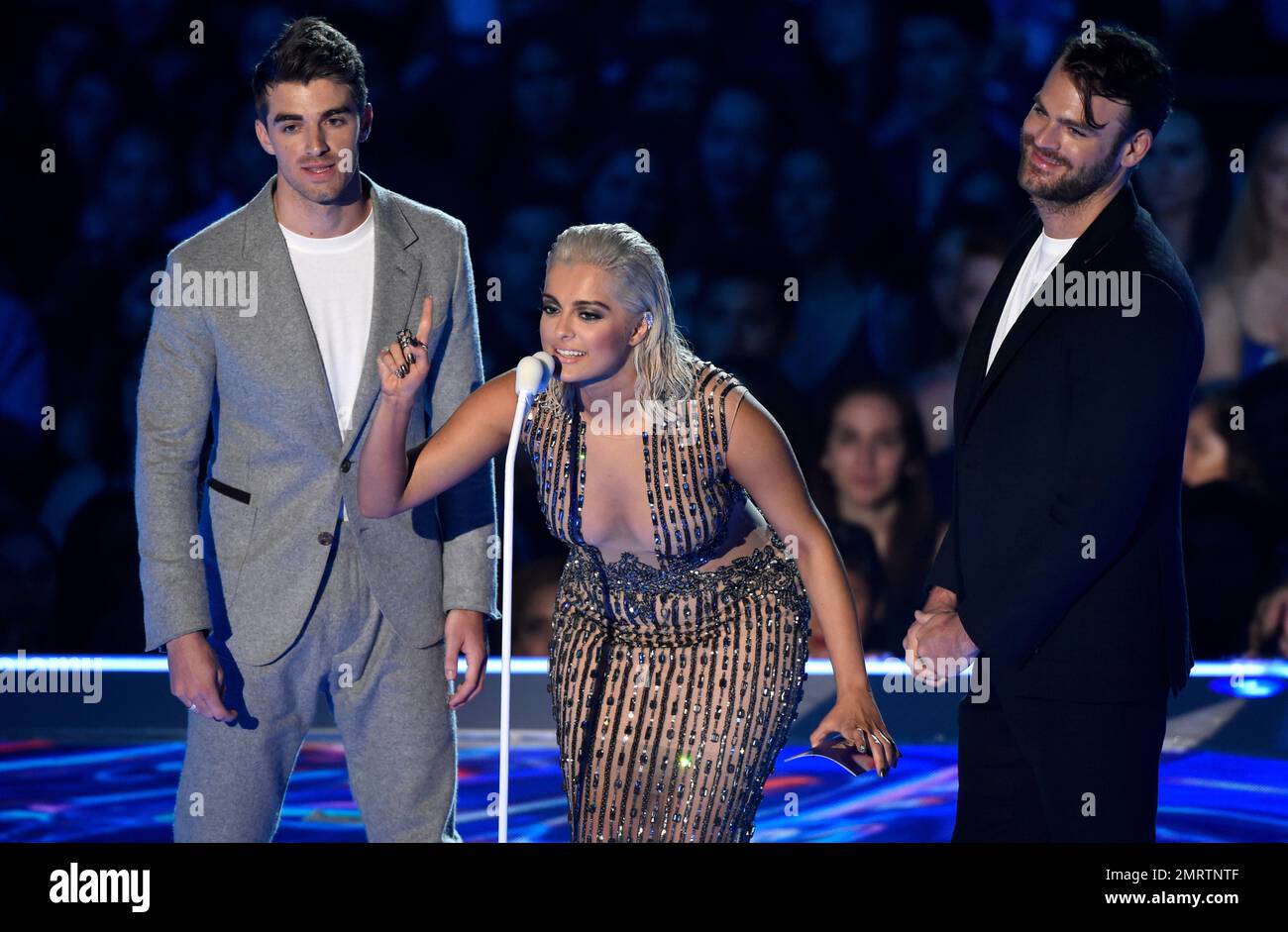 Bebe Rexha, center, Andrew Taggart, left, and Alex Pall, of The