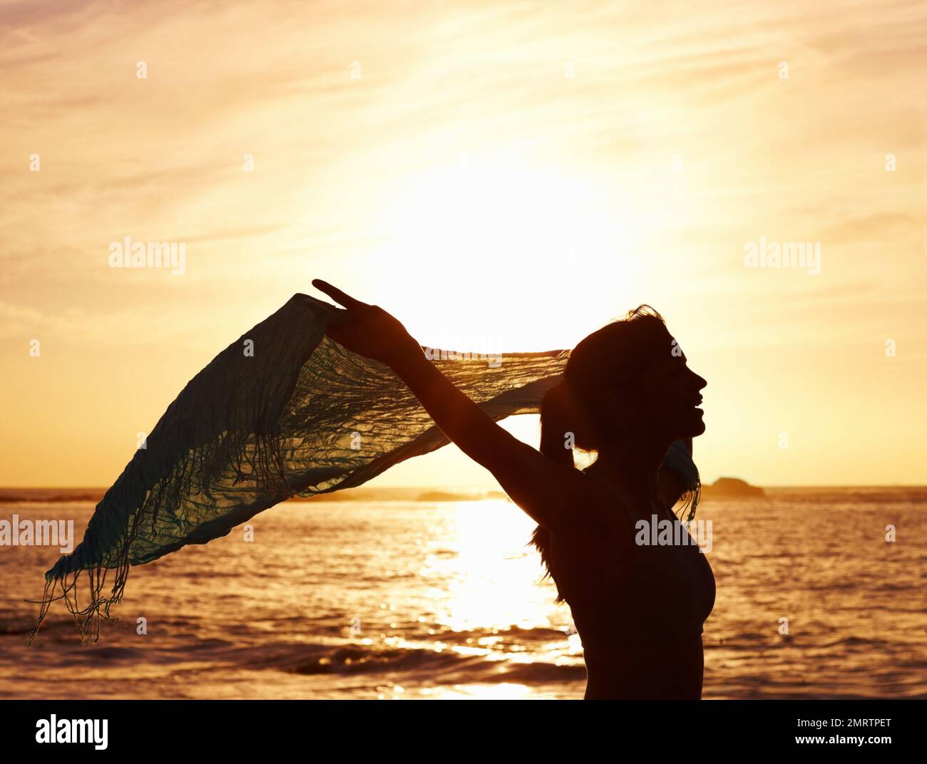 Silhouetted woman holding shawl while standing by sea at sunset. Silhouetted attractive woman holding shawl while standing by sea at sunset. Stock Photo