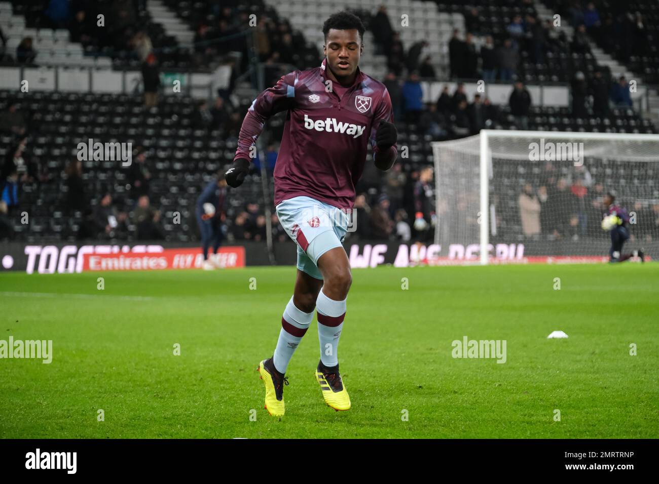 Pride Park, Derby, Derbyshire, UK. 30th Jan, 2023. FA Cup Football, Derby County versus West Ham United; Levi Laing of West Ham warming up prior to kick off Credit: Action Plus Sports/Alamy Live News Stock Photo