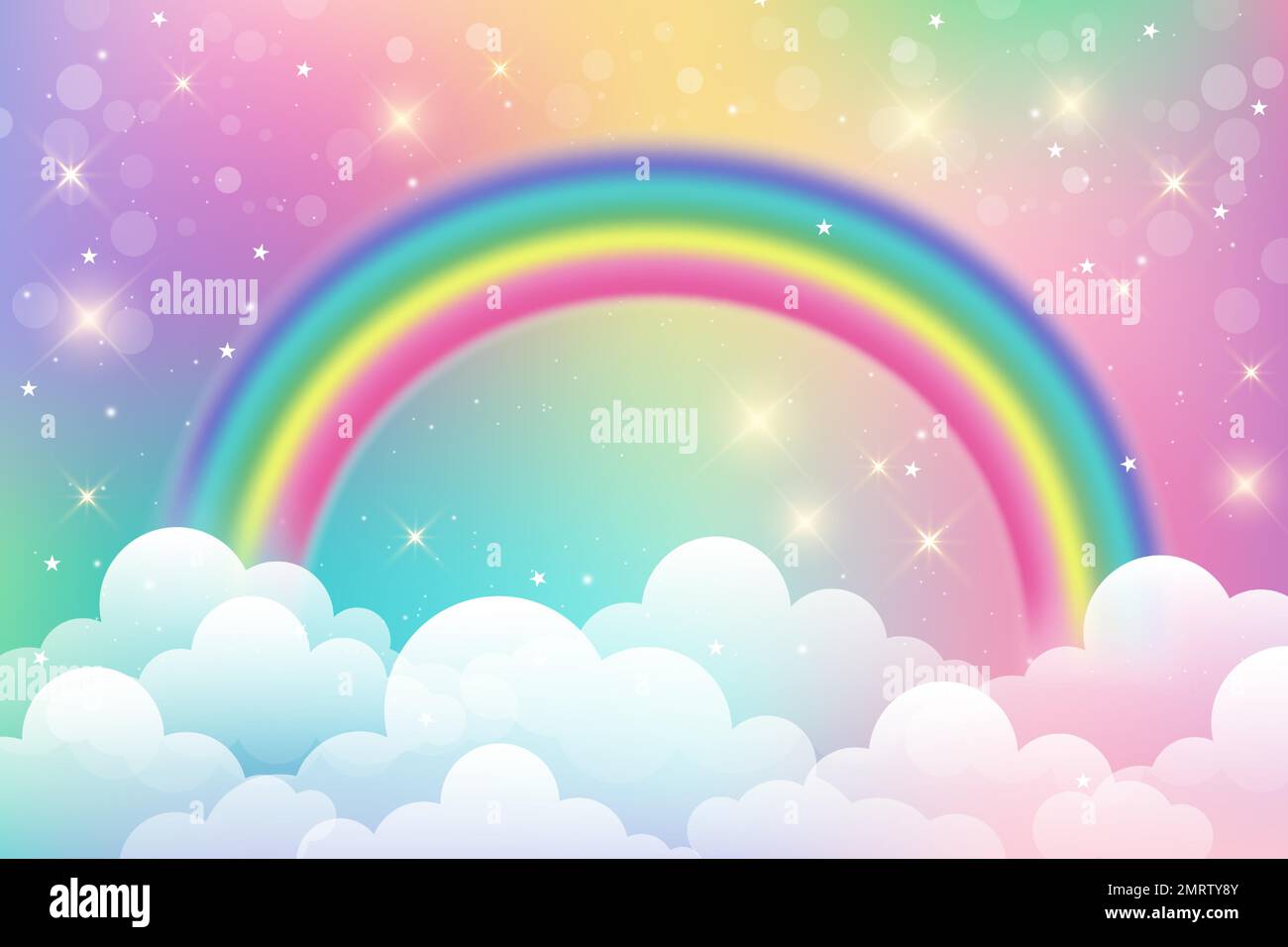 Fantasy unicorn background with clouds on rainbow sky. Magical landscape, abstract fabulous wallpaper with stars and sparkles. Arched realistic Stock Vector