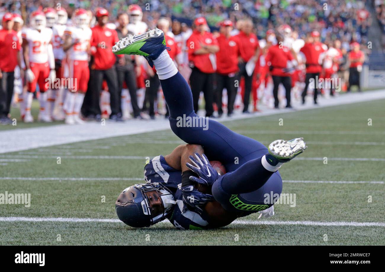 Seattle Seahawks fullback Tre Madden (38) runs for a 66-yard gain after  catching a short pass in the third quarter against the Houston Texans at  CenturyLink Field in Seattle, Washington on October