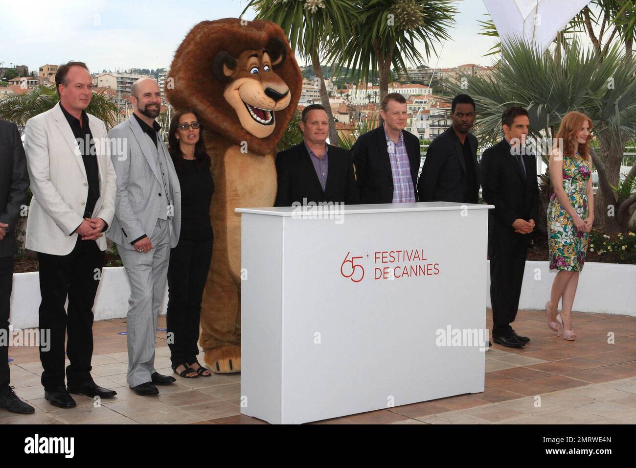Co-director Tom McGrath, co-director Conrad Vernon, producer Mireille Soria, co-director Eric Darnell, producer Mark Swift, actors Chris Rock, Ben Stiller and Jessica Chastain attend the 'Madagascar 3: Europe's Most Wanted' Photocall during the 65th Annual Cannes Film Festival held at the Palais des Festivals in Cannes, France. 18th May 2012. Stock Photo