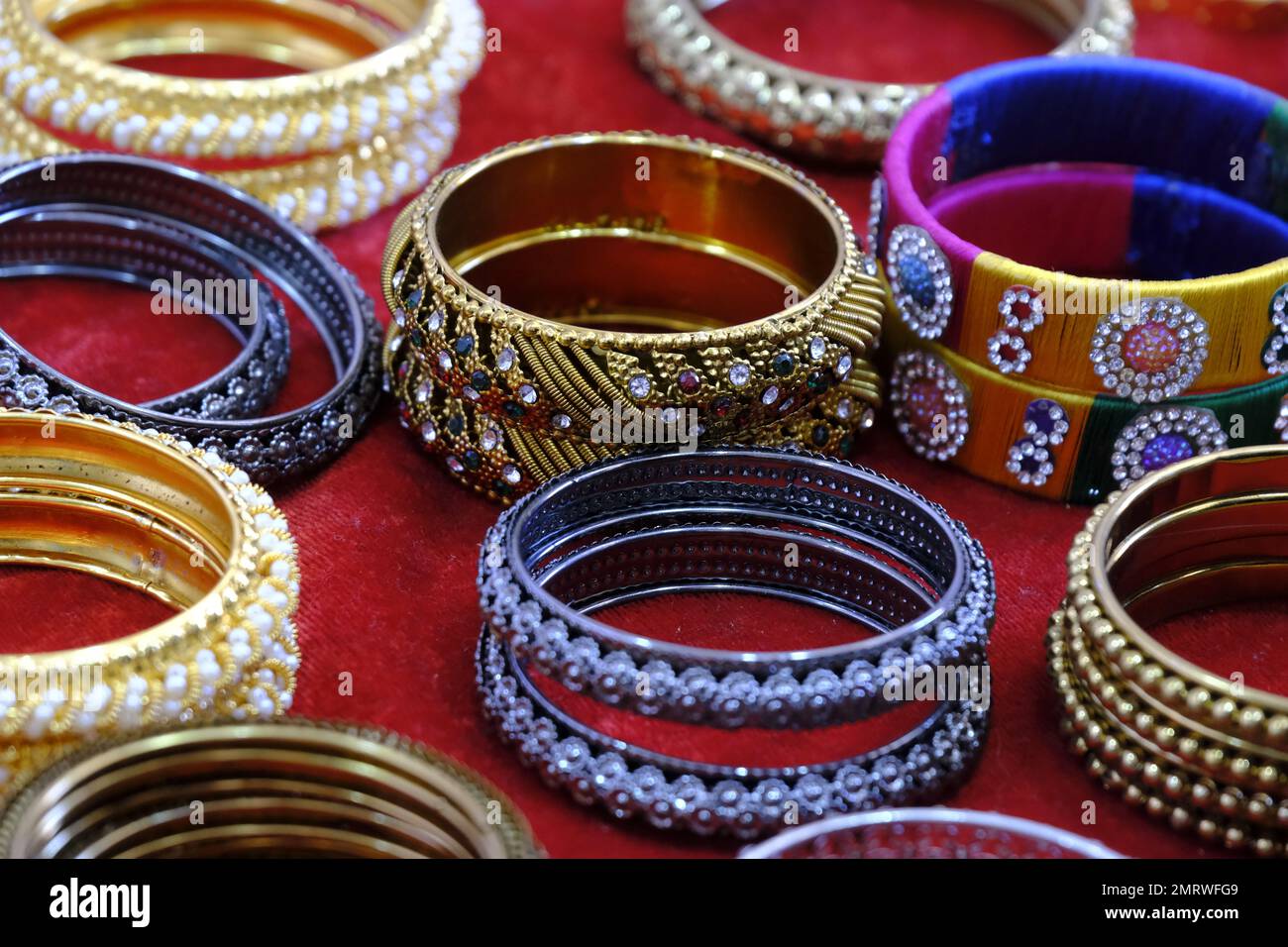 Indian colorful bangles displayed in local shop in a market of Pune