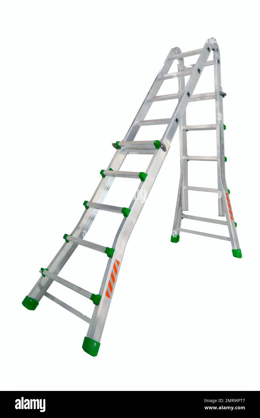 Aluminium stepladder isolated on white background. Portable ladder in a studio setting. An easy and reliable tool for performing installation work. Stock Photo