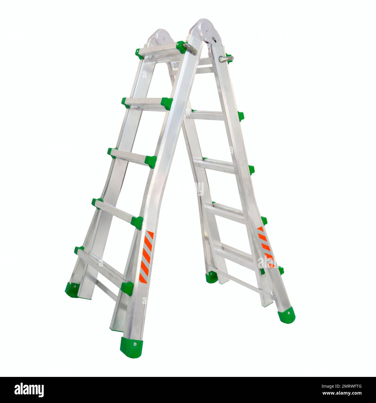 Aluminium stepladder isolated on white background. Portable ladder in a studio setting. An easy and reliable tool for performing installation work. Stock Photo