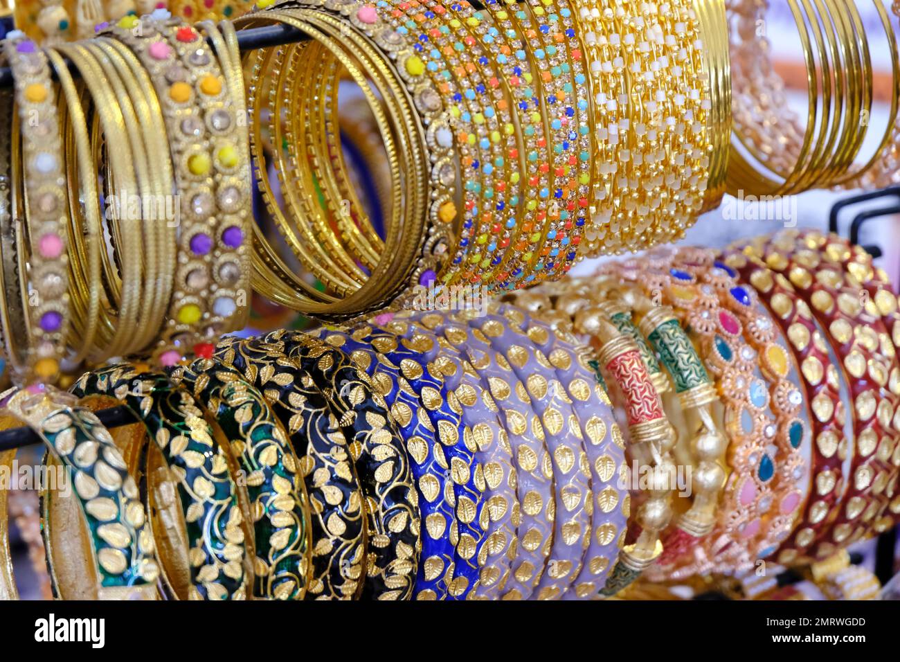 Indian colorful bangles displayed in local shop in a market of Pune