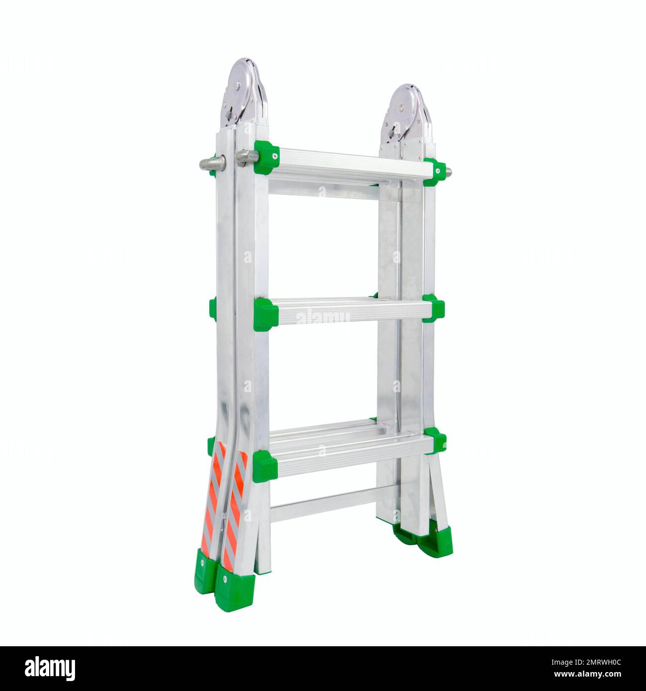 Aluminium stepladder isolated on white background. Portable ladder in a studio setting. An easy and reliable tool for performing installation work. Stock Photo