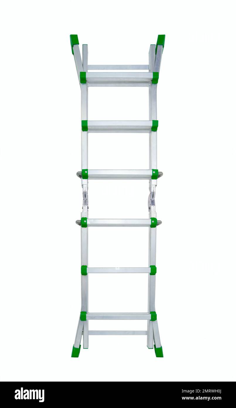 Aluminium stepladder isolated on white background. Portable ladder in a studio setting. An easy and reliable tool for performing installation work. Stock Photo