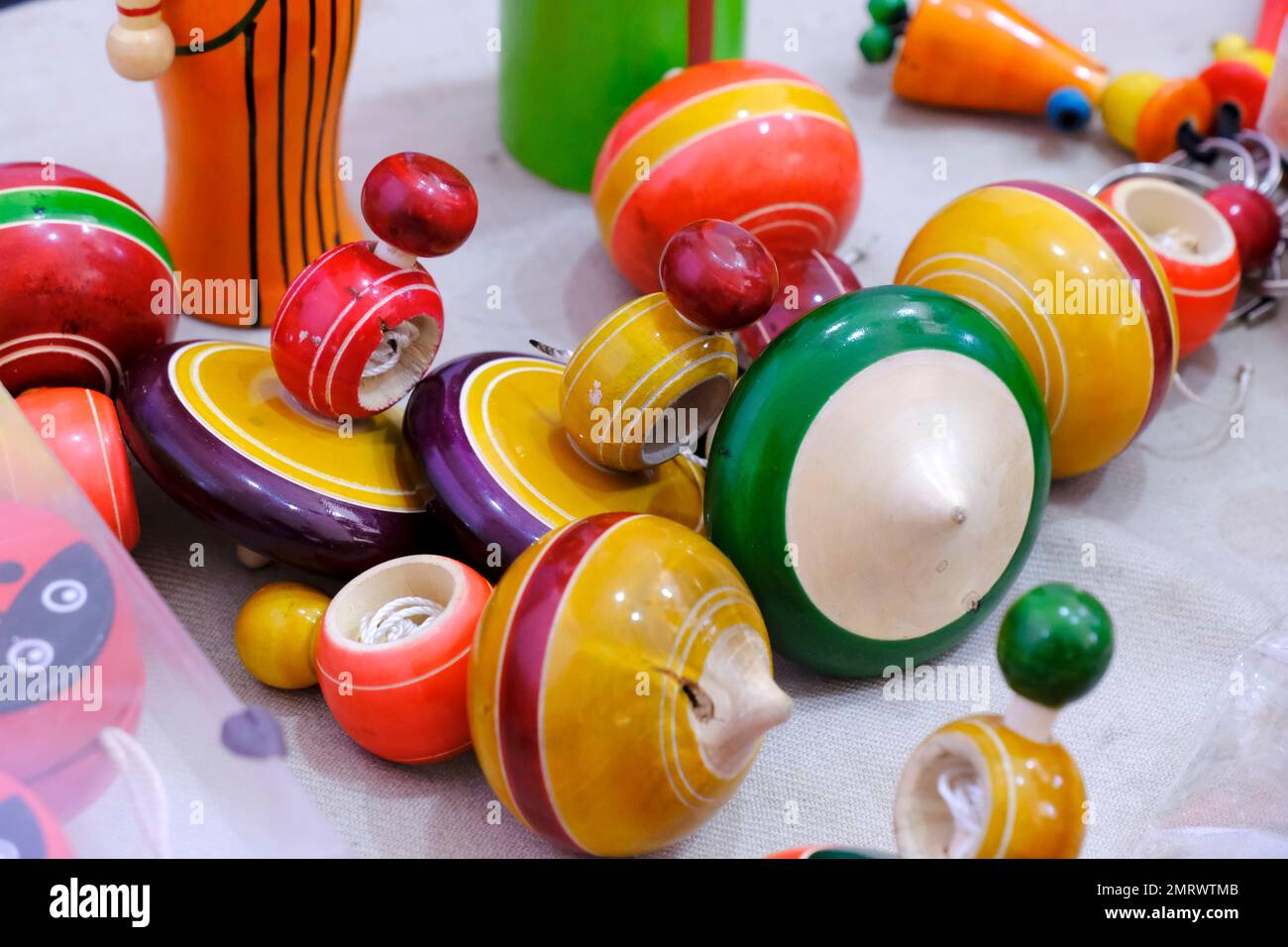Traditional handmade Indian Colorful toys made from wood, wooden toys, selective focus. Stock Photo