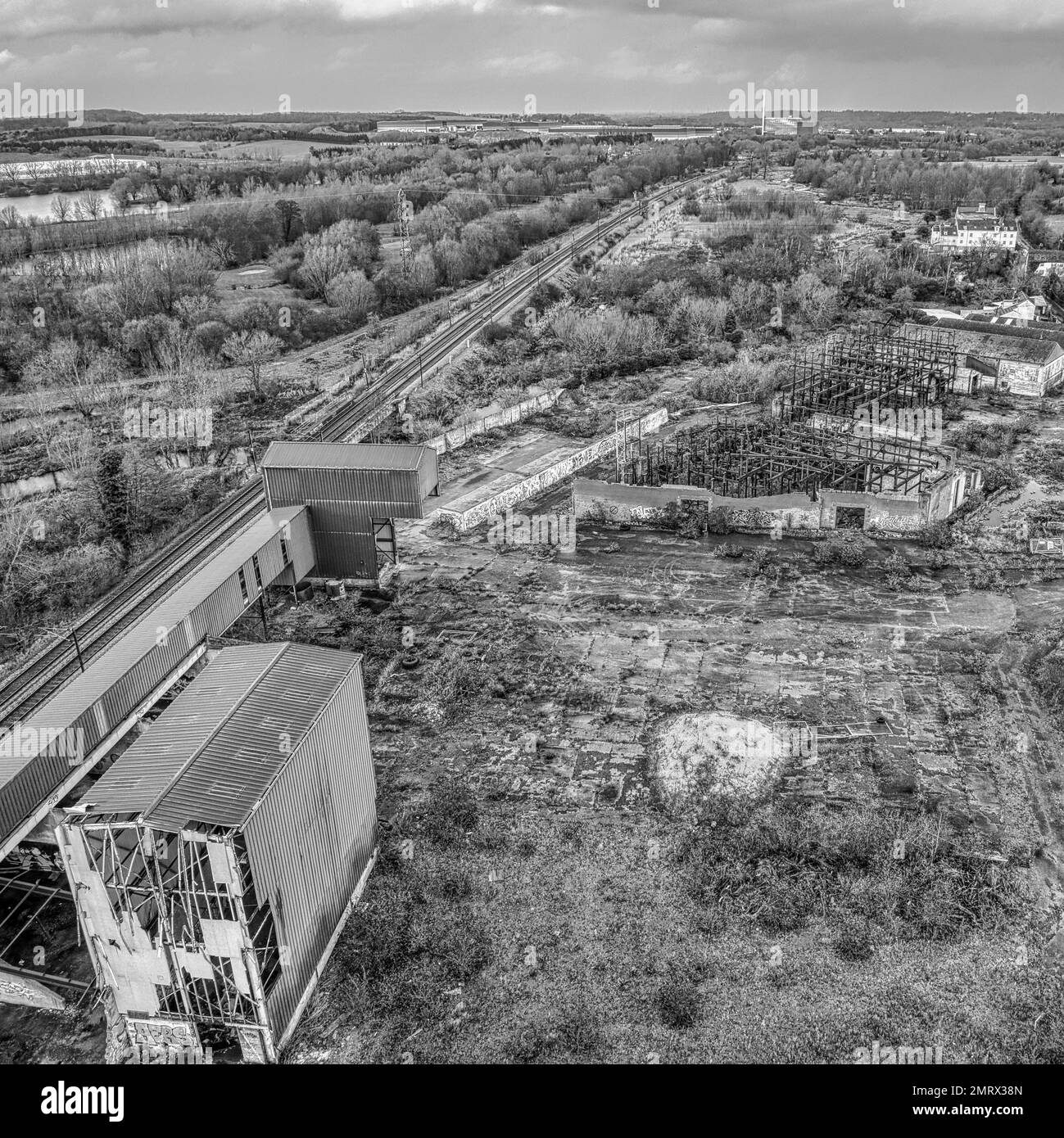 An aerial view of abandoned derelict Industrial buildings Stock Photo