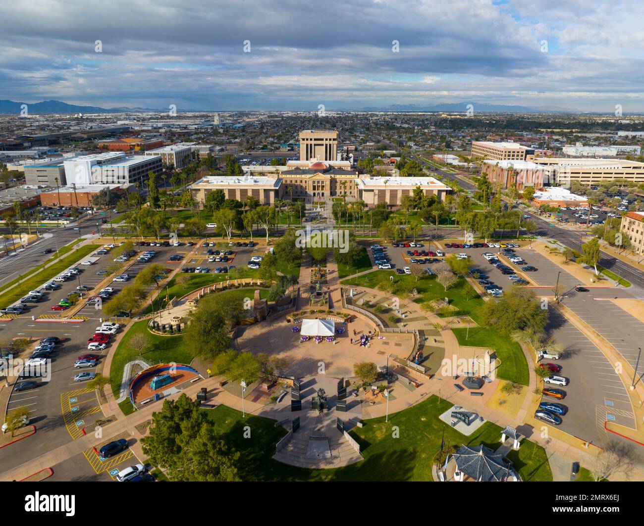 Arizona State Capitol, State Senate, House of Representatives building and Wesley Bolin Memorial Plaza aerial view in city of Phoenix, Arizona AZ, USA Stock Photo