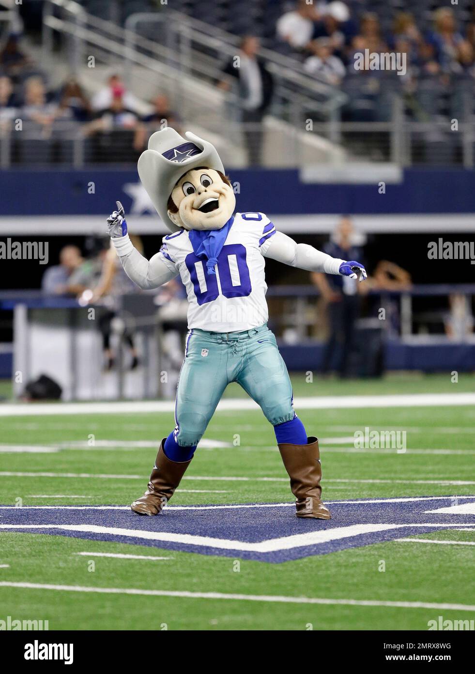 Dallas Cowboys mascot Rowdy fires up the crowd during preseason action  against the Baltimore Ravens on Saturday, Aug. 16, 2014, at AT&T Stadium in  Arlington, Texas. (Photo by Ray Carlin/Fort Worth Star-Telegram/MCT/Sipa