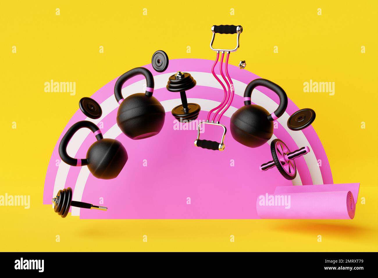 3D illustration, search bar design element with sports equipment