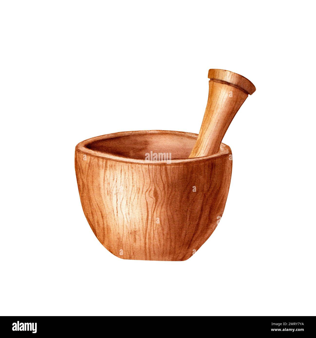 Wooden mortar and pestle set. Watercolor illustration isolated on white
