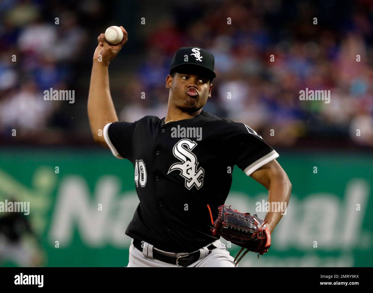 Chicago White Sox starting pitcher Reynaldo Lopez throws to the Texas