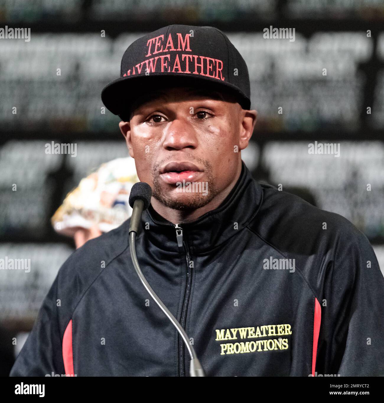 Floyd Mayweather Jr at the post-fight press conference after defeating Miguel Cotto in the Maywearther vs Cotto held at the MGM Grand Resort & Casino. Reports state that Cotto went straight to his locker room shortly after the decision that favored Mayweather was announced and did not attend the press conference, as he went to the hospital instead. In th conference which was a one man show for Mayweather, he stated 'This fight I thought: I'm not going to move, I could've made it easy. I was going for the KO. He was in tremendous shape.' He also stated, 'I don't have to fight if I don't want to Stock Photo