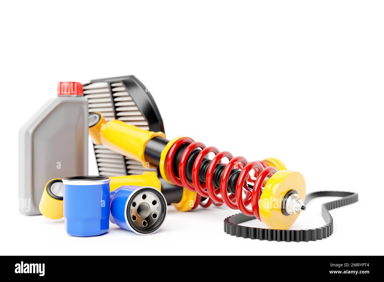 3d illustration of auto parts car shock absorber, oil canister, fuel