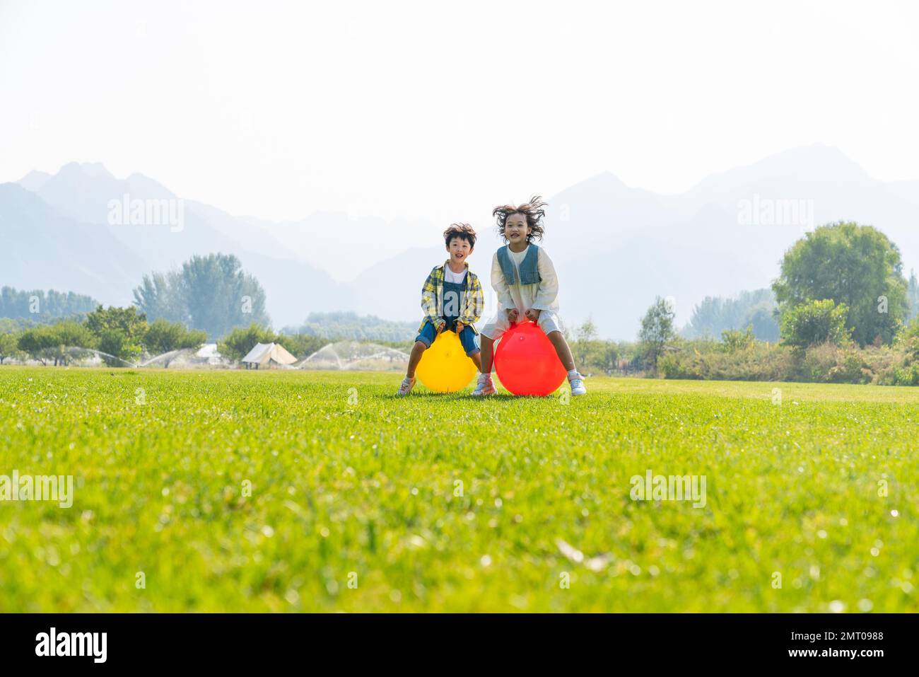 The two children playing games on the grass Stock Photo Alamy