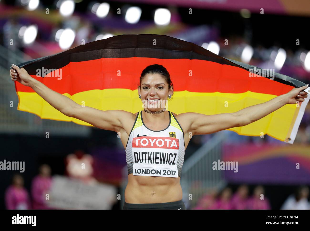 Germany's Pamela Dutkiewicz celebrates after winning the bronze medal
