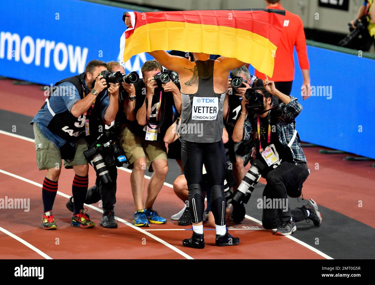 Men's javelin gold medalist Germany's Johannes Vetter poses for