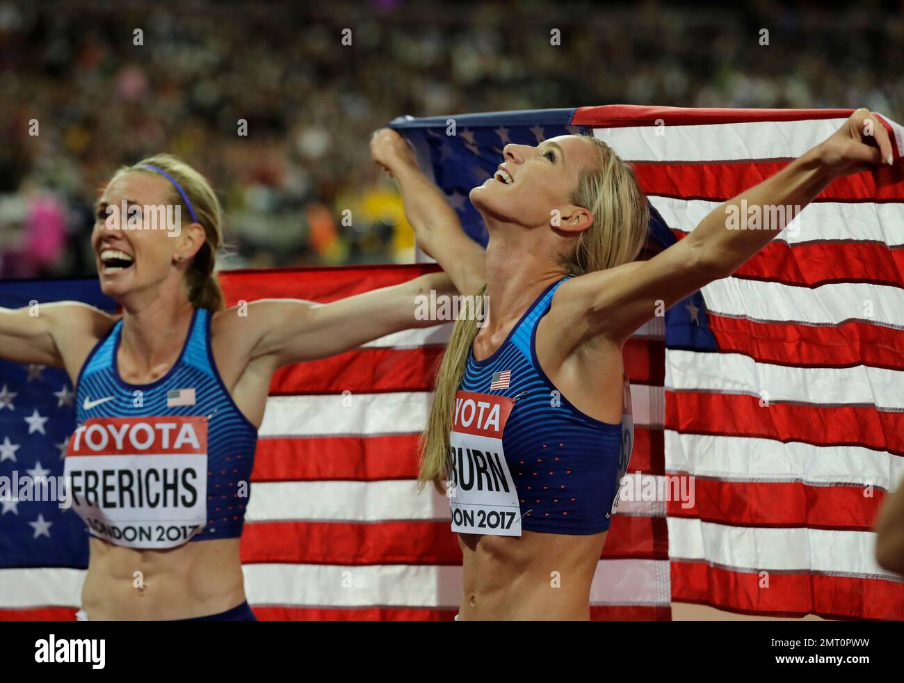 United States' Emma Coburn, right, celebrates with second placed United